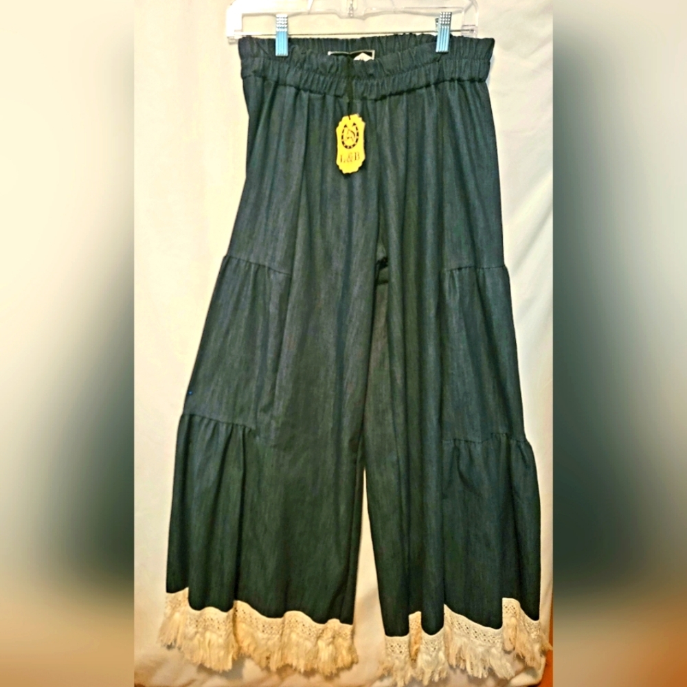 Denim Wide-Leg Pants/Ecru Lace Trim-NWT-M